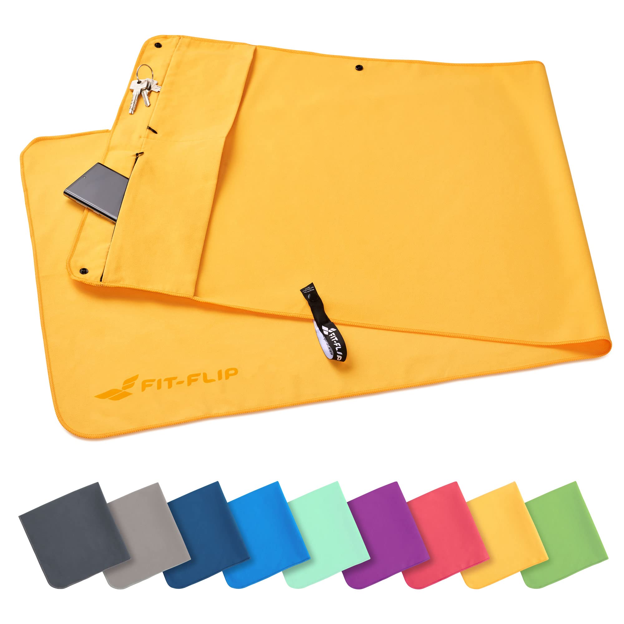 Fit-Flip Asciugamano Sportivo con Scomparto a Cerniera e Clip Magnetica - Telo in Microfibra - Compatto e ad Asciugatura Rapida - Accessori da Palestra uome e Donna