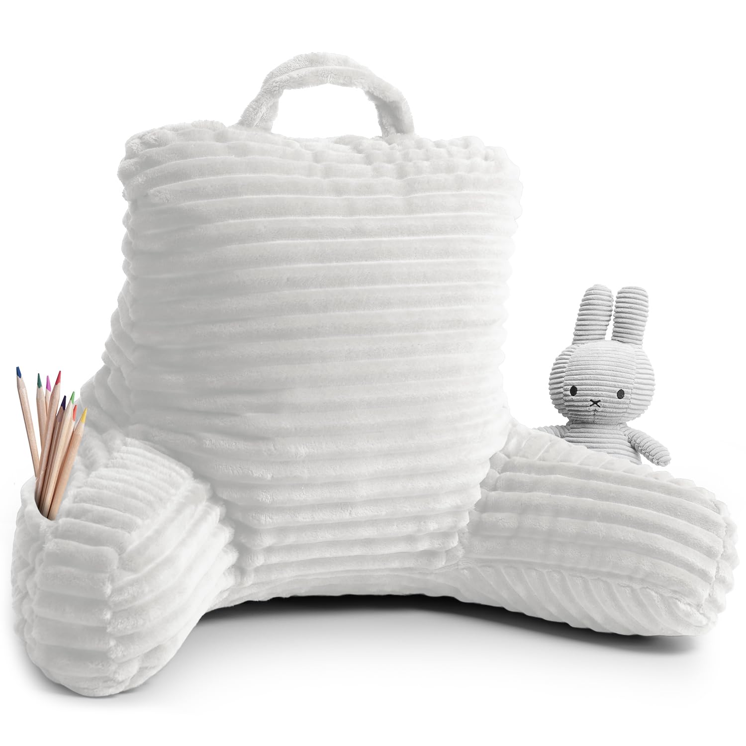Almohada de lectura a rayas de felpa cortada para niños y adolescentes, almohada de espalda media, almohada de apoyo de espalda, almohada de espuma viscoelástica triturada con brazos, color blanco
