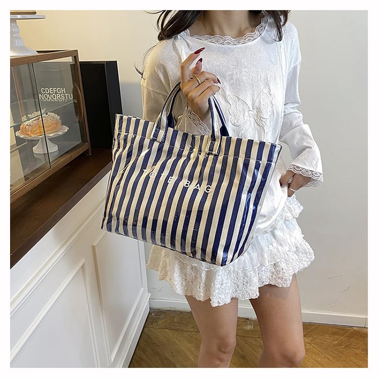 Image of Striped PVC Tote Bag for Women, Waterproof Plastic Hobo Handbag Summer Tote for Beach, Pool & Ideal Gift