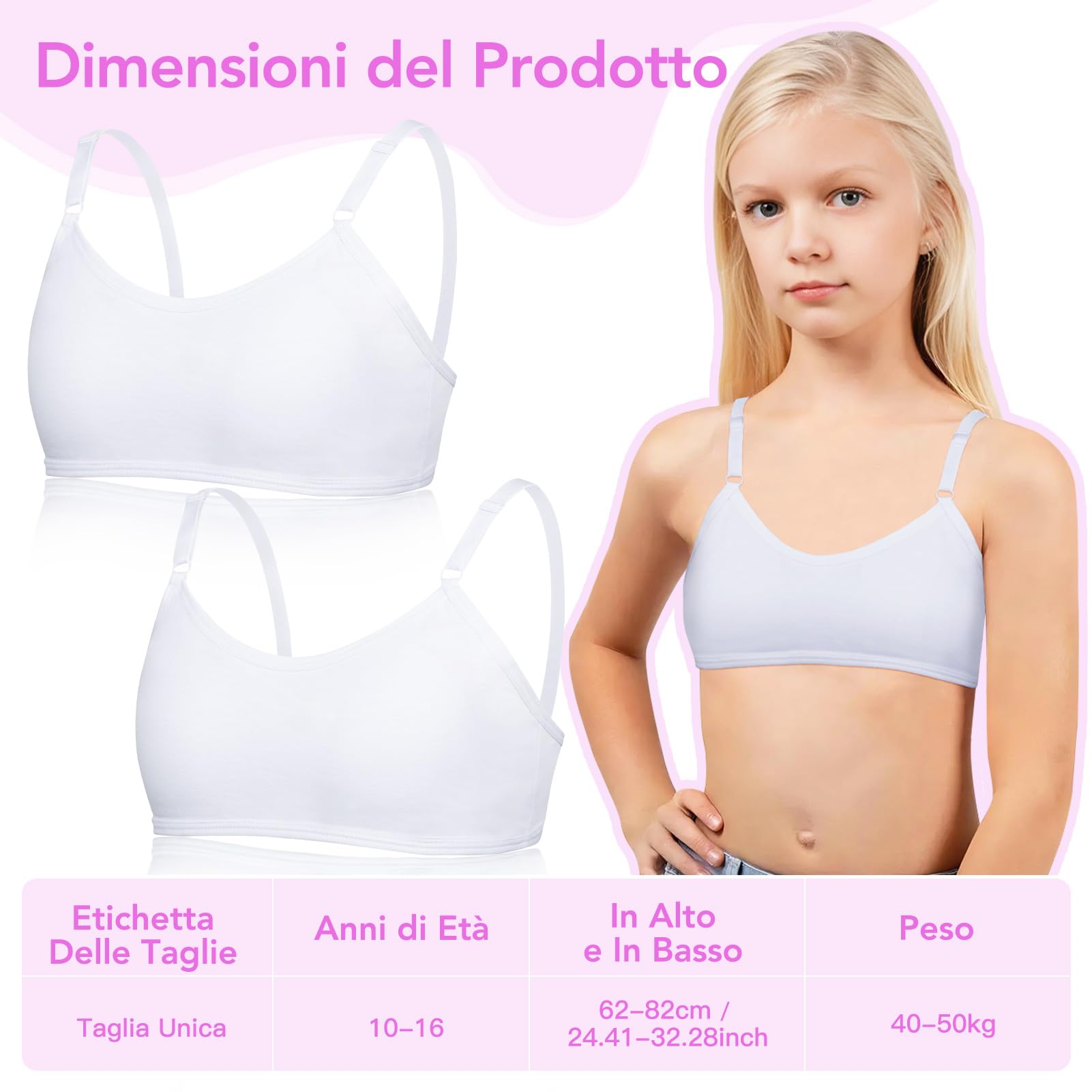 Kiiwah 2 Pezzi Reggiseno Sportivo per Ragazze Intimo, Cotone Reggiseno Bambina Ragazze Allenamento Reggiseni con Fisso Torace Pastiglie e Spallacci Regolabili per 10-16 Anni