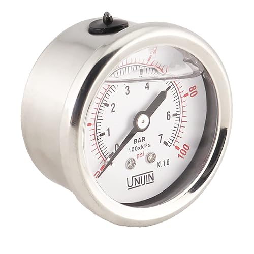 Miniatura 2 de Unijin Serie P251 Dial de 2 pulgadas, manómetro lleno de aceite con internos de latón, 0-100 PSIkPa,  1.6% de precisión, 18" NPT, montaje trasero