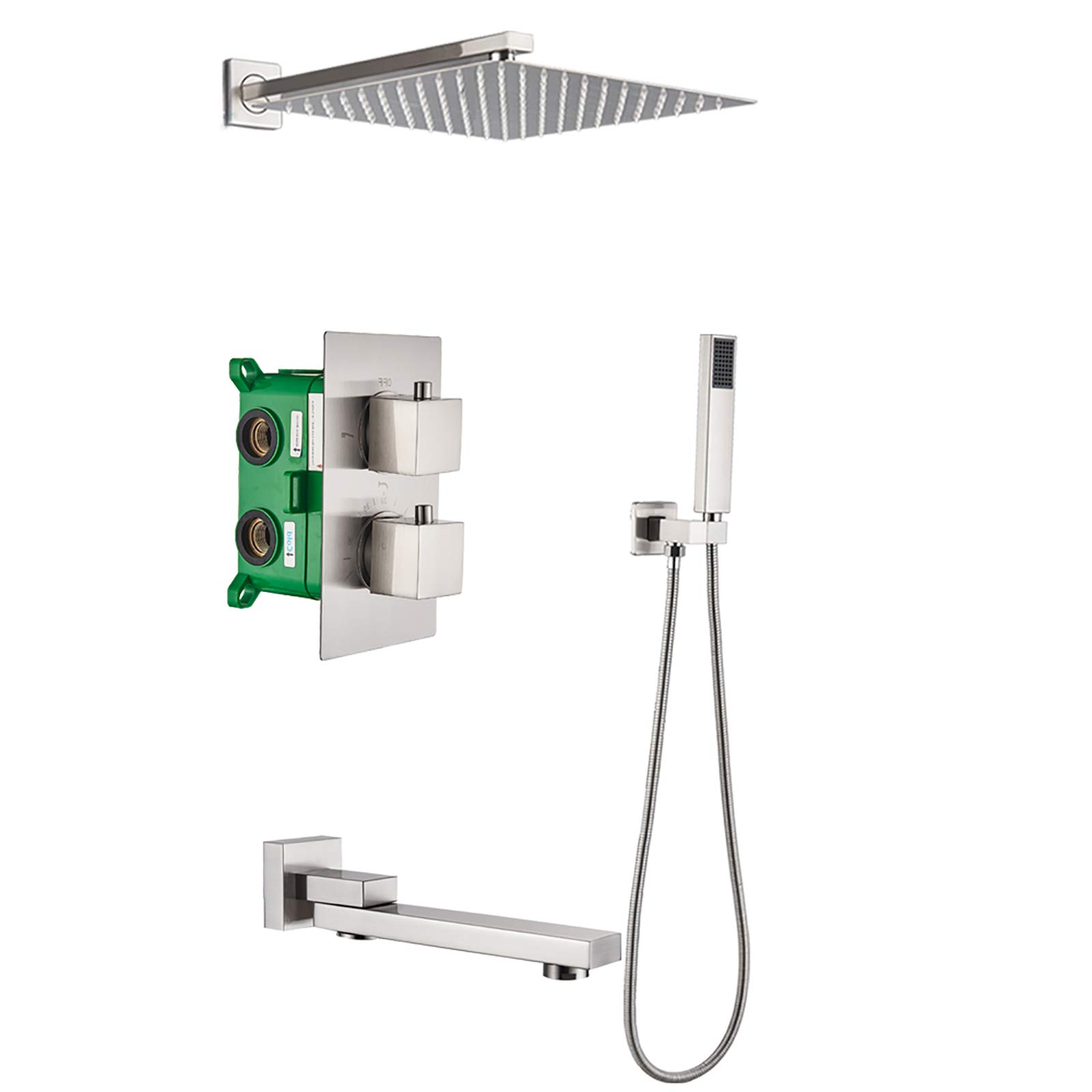 WXPGFEQ Modern Brushed R Shower System with Thermostatic Mixer Wall Mounted Shower Combo Set with Square Shower Head Hand Shower and Spout for Bathroom