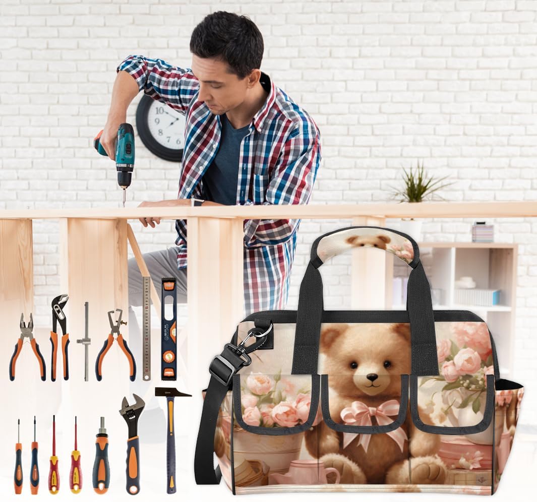 Valentine's Day Cartoon Bear Tool Bag with Multi-Pockets Wide Mouth Tool Tote Bag for Women and Men Waterproof Tool Organizer Storage Bag with Adjustable Shoulder Strap and Ergonomic Handle