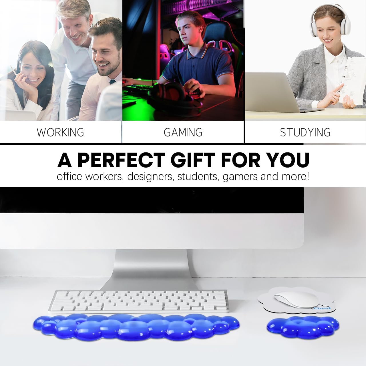 JIKIOU Clear Gel Wrist Rest for Keyboard and Mouse, Cool Silicone Mouse Wrist Rest Set, Cute Ergonomic Wrist Rest for Keyboard Typing Pain Relief, Suitable for Office Computer Laptop Gaming Blue