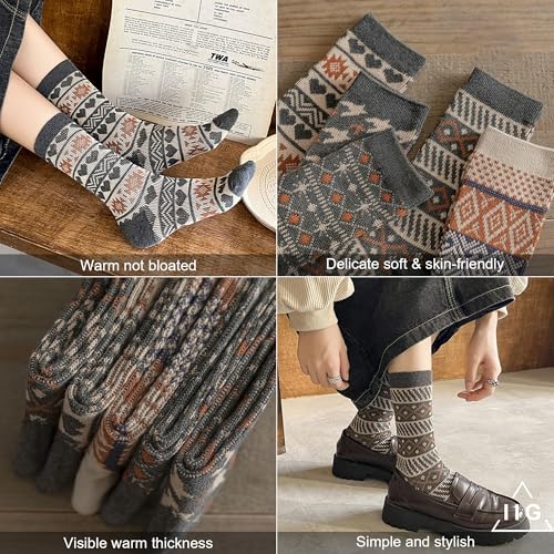 Image of IIG 3-5 Pairs Womens Vintage Cozy Crew Socks Soft Cute Neutral Cotton Socks Exquisite Patterns Socks Gift