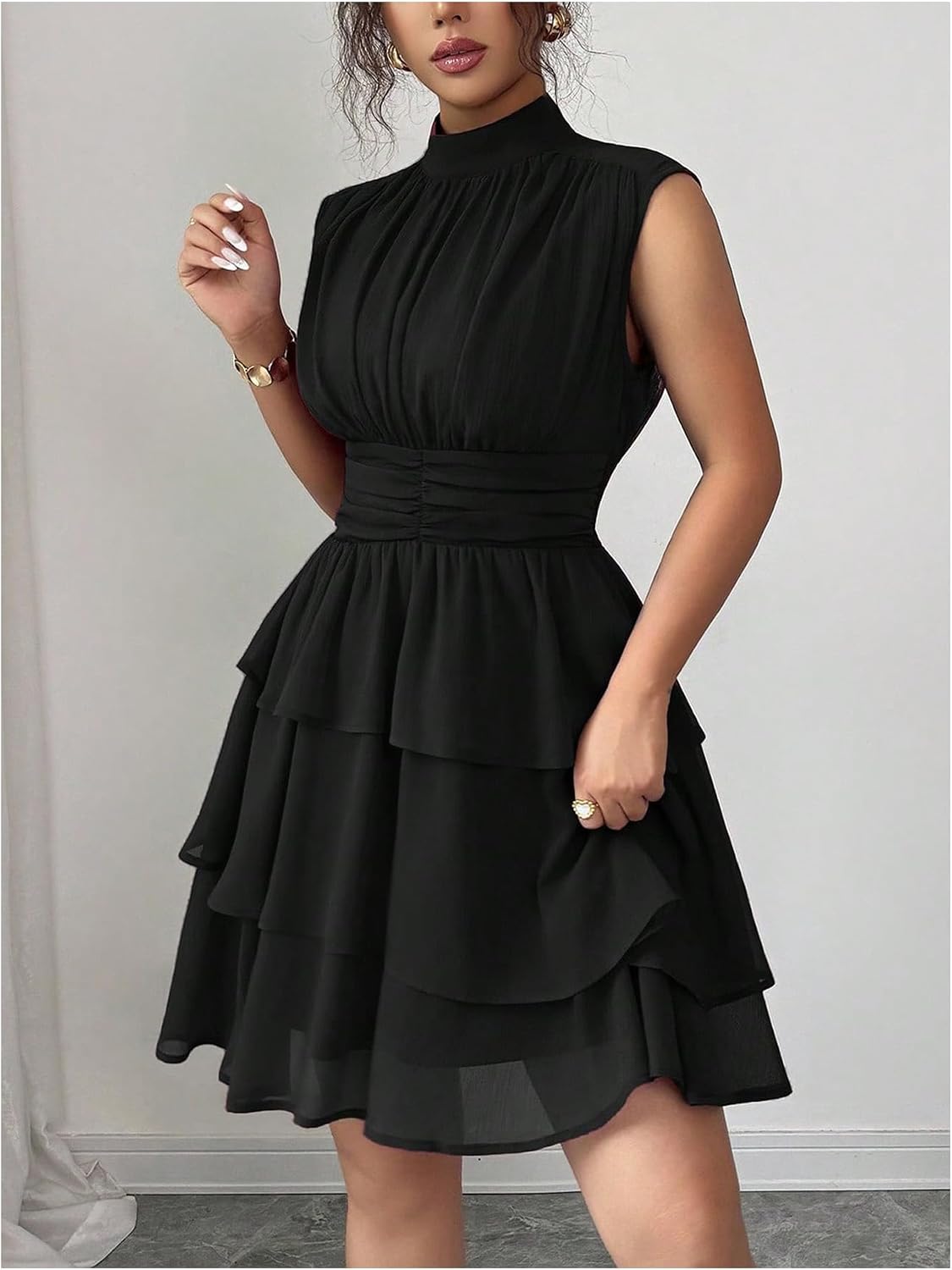 Verdusa Women's Tiered Layered Ruffle Dress Cinched Waist Sleeveless Chiffon Cocktail Dresses Elegant Outfits