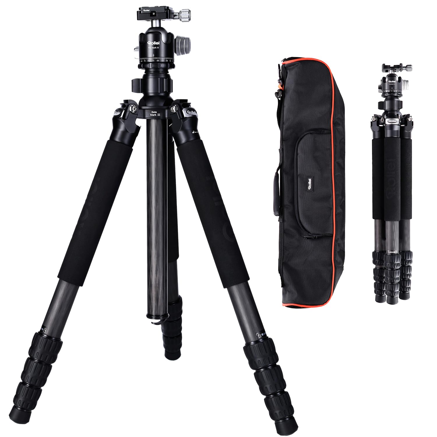 Rollei Rock Solid Beta Mark III, 178,5cm Treppiede Fotocamera Carbonio Cavalletto Fotografico Professionale con Capacità di Carico di 24kg Camera Tripod Nero con Testa a Sfera e Funzione Monopiede