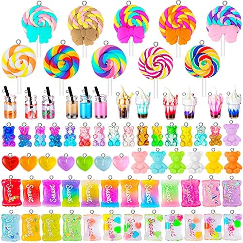 Yinkin 82 Pieces Candy Pendant Charm for Jewelry Making, Includes 24 Resin Candy Pendant, 22 DIY Bear Charms, 14 Gummy Heart Charms, 10 Lollipop Polymer Clay Charms and 12 Milk Tea Ice Cream Charms