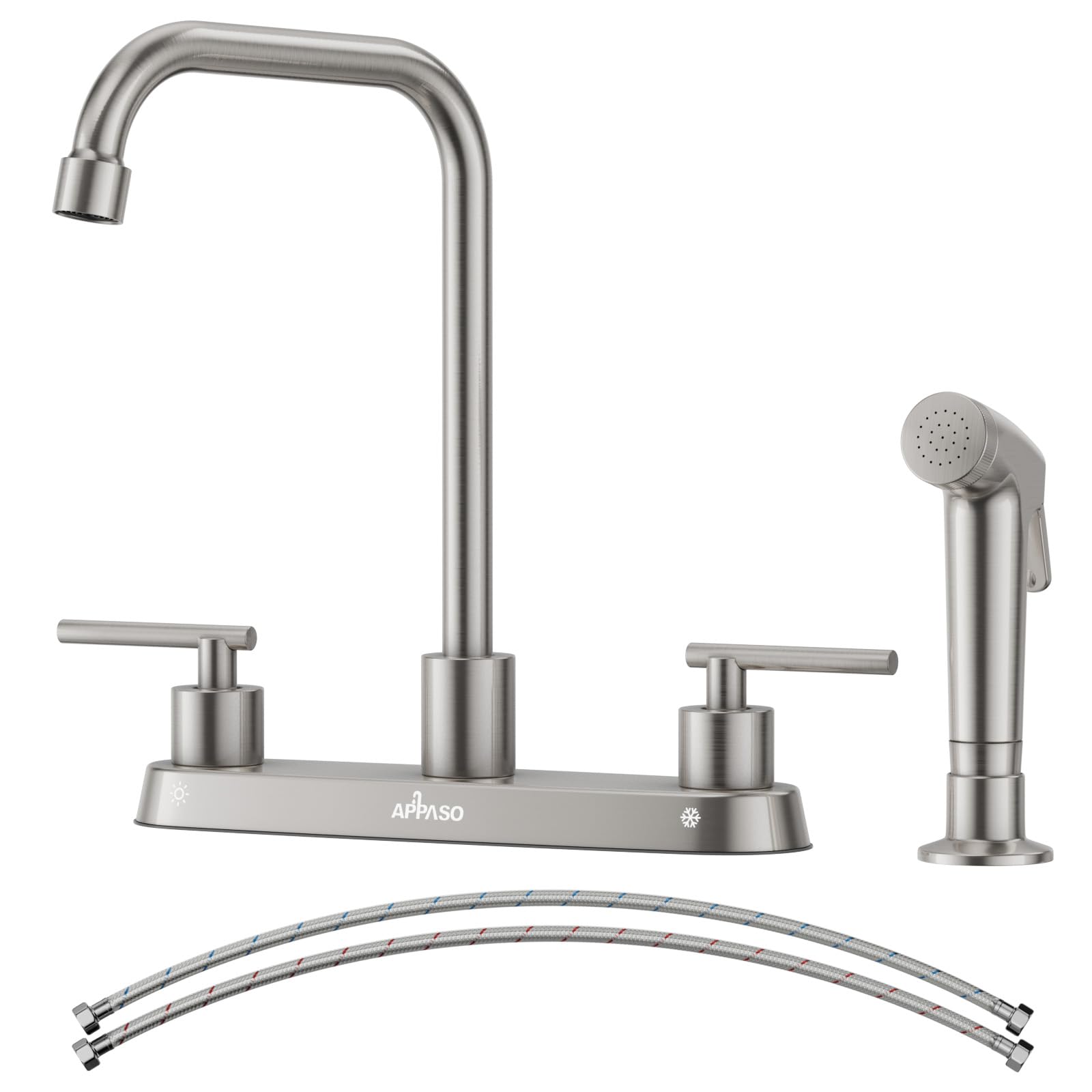 APPASO Grifo de cocina con pulverizador lateral, grifo de fregadero de cocina de níquel cepillado, grifo de cocina de 4 agujeros, grifo de acero inoxidable para fregadero de cocina, grifo de cocina de