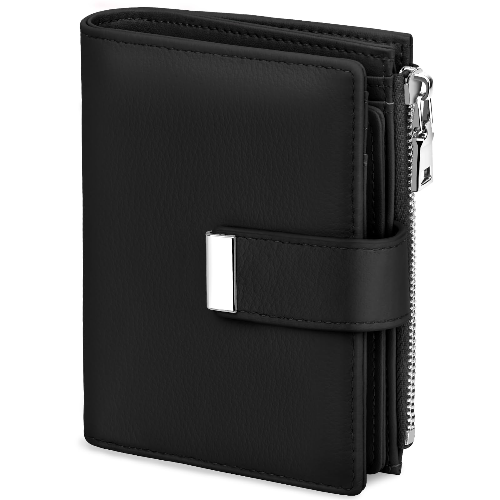 Portafoglio Donna Piccolo in Pelle Blocco RFID Portafoglio Portamonete con Cerniera e Doppio Scomparto per Contanti, 12 Scomparti per Carte (Nero)