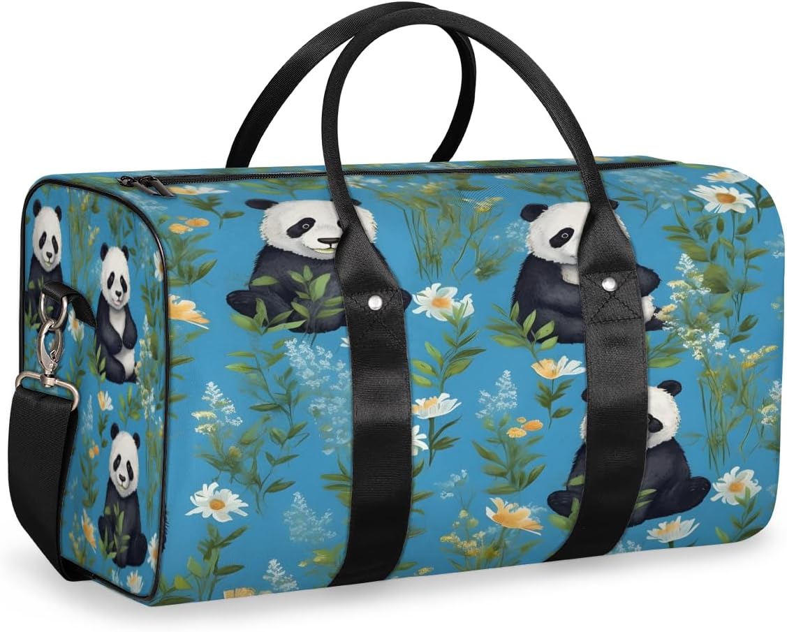 Pandas Flowers Watercolor Travel Duffel Bag for Women Men Large Capacity Overnight Weekender Bags for Lightweight Waterproof Sport Gym Bag for Workout Yoga Swim