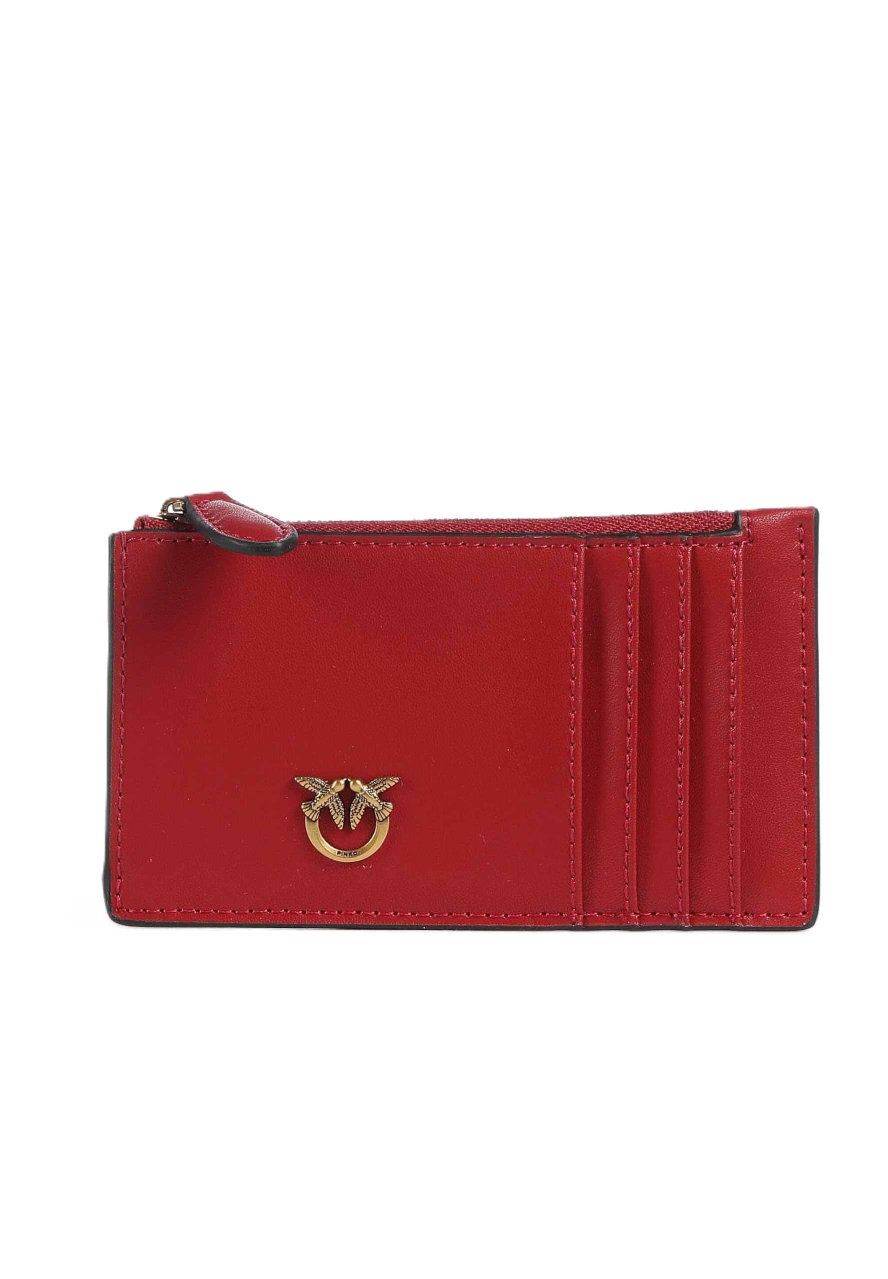 Pinko Portacarte Airone in Pelle Rossa con Zip, 13x8 cm | 5 Slot per Carte, Scomparto Portamonete, 100% Pelle, Donna