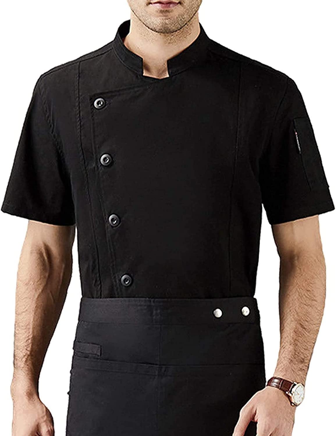 Uniformi alla Moda Cappotto da Cuoco Uomo Donna Manica Corta Ristorante Cuoco Cucina Divise da Lavoro Doppio Petto Sushi Bakery Cafe Cameriere Servizio di Catering Giacche (Color : Black, Size : XL