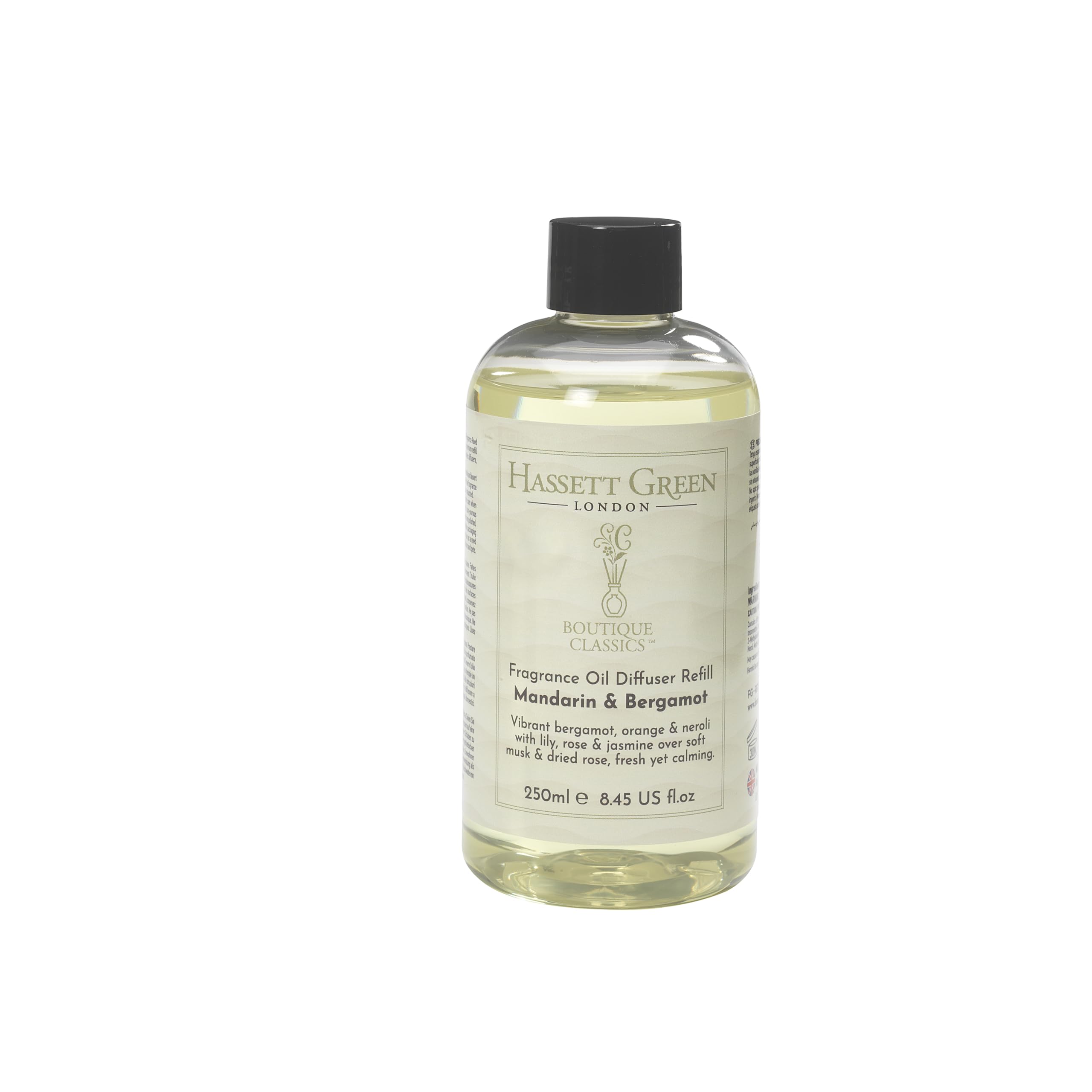Hassett Green London Boutique Classics Mandarin & Bergamot - Fragrance Oil Reed Diffuser Refill - Larger Size 250ml Bottle