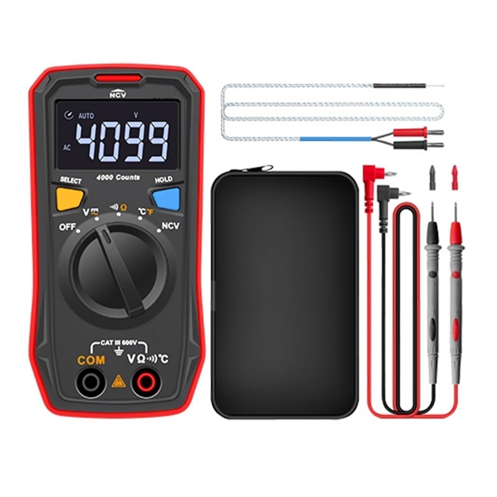 Tester Multimetro Mini Multimetro Digitale AC DC Misuratore di Tensione Resistenza (Ohm) Tester di Temperatura NCV/Test di continuità/Schermo A Colori EBTN Precisione Sicuro(123 with Case)