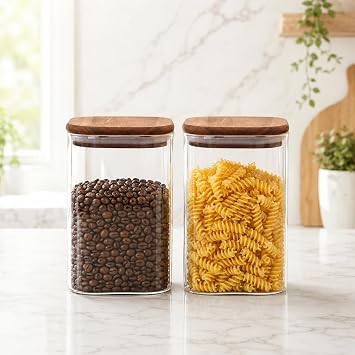 1350 ml Borosilikat Cam Kavanoz 2 li Set, Akasya Kapakl   effaf Cam Saklama Kab , Mutfak D zenleyici Kuru G da Kavanozu, Bakliyat Kahve Makarna Kuruyemi  At t rmal k Saklama Seti