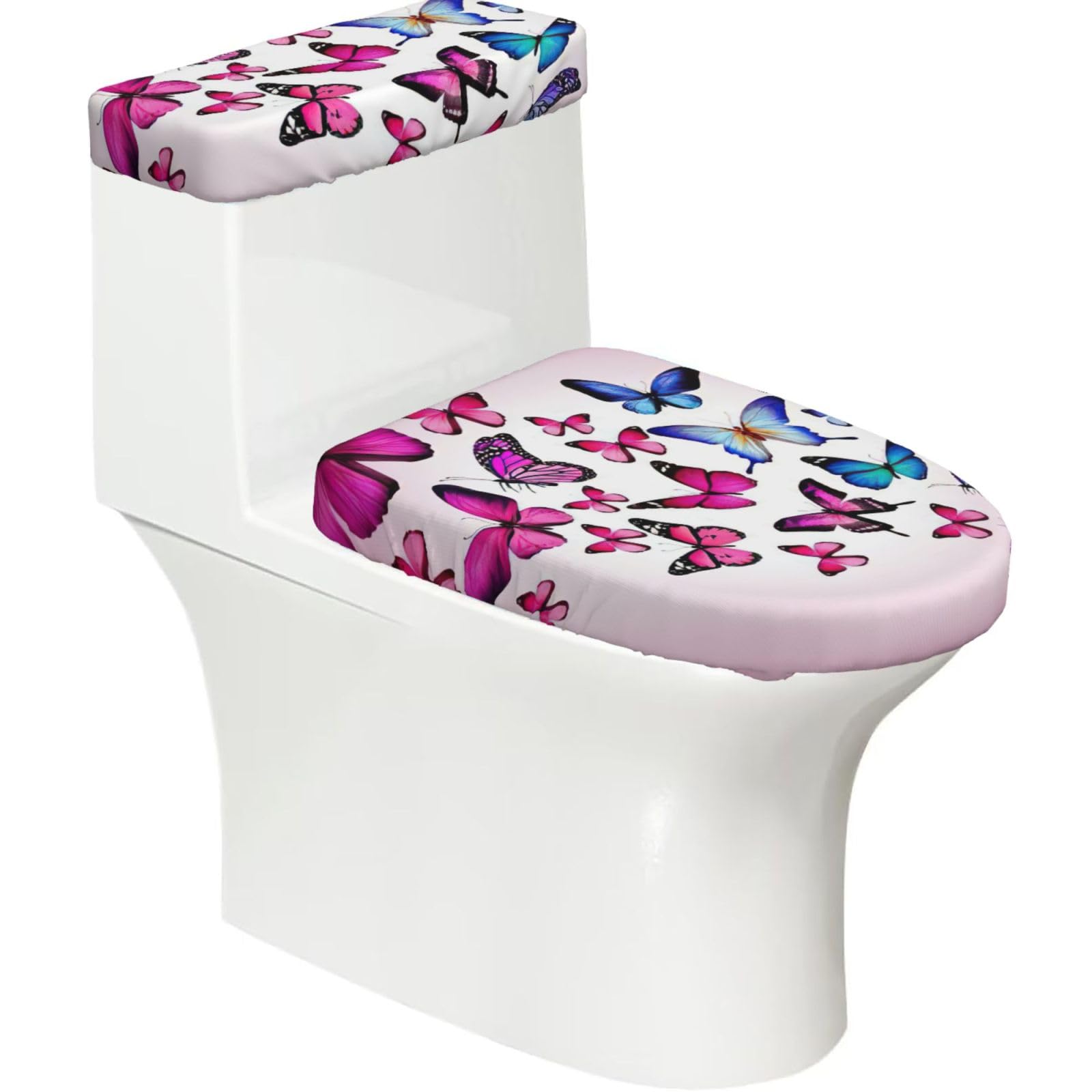 Pink Butterflies Print 2-Piece Stretch Toilet Cover Set, Elastic Breathable Toilet Seat and Tank Lid Protector