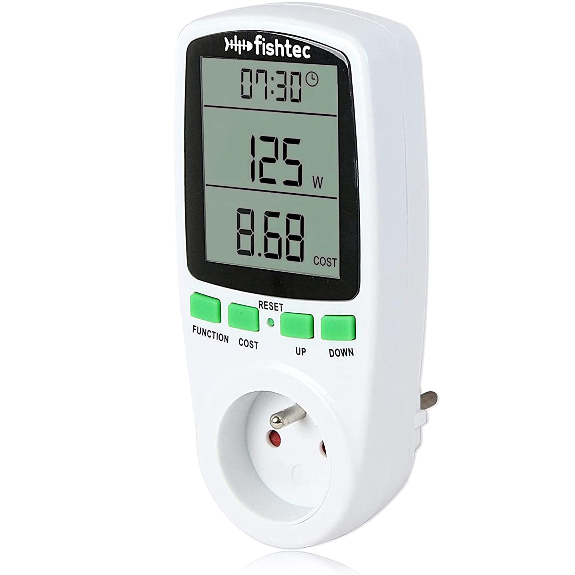 FISHTEC - Wattmètre Compteur De Consommation Électrique 16A 3680W Avec Grand Écran LCD Mesure W kWh V A Coût Énergie Mémoire Protection Surcharge Affichage Overload Suivi Dépenses Maison