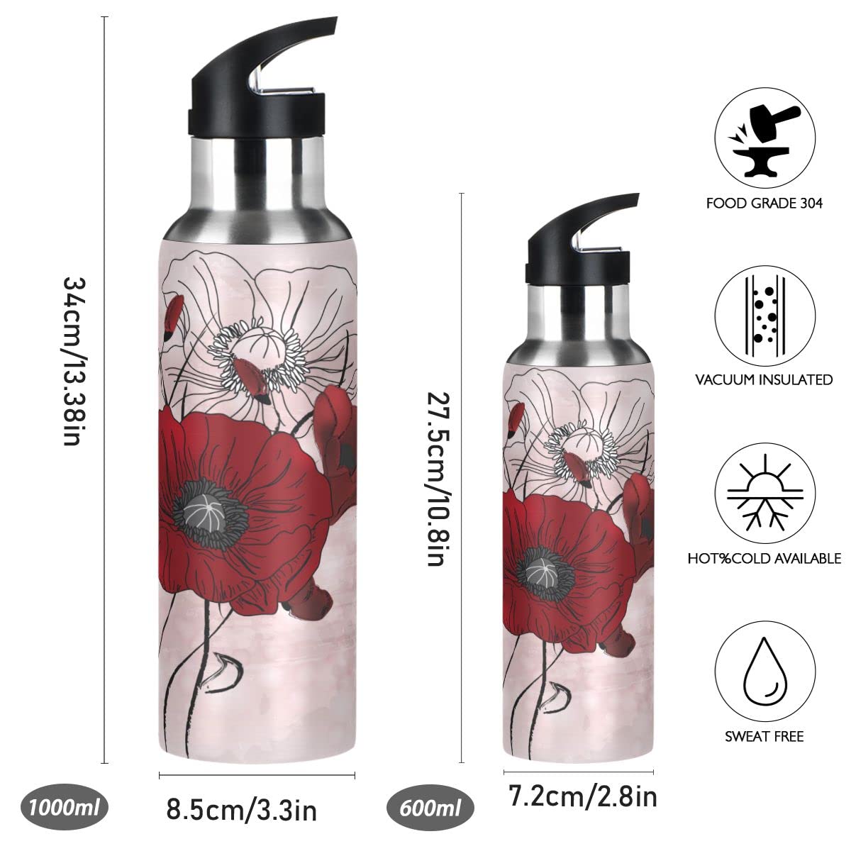 Edelstahl Wasserflasche mit Strohhalm, Mohnblumen mit Schmetterlingen Isolierte Trinkflasche Sport Wasserflasche für Kinder Erwachsene, auslaufsicher, 1L