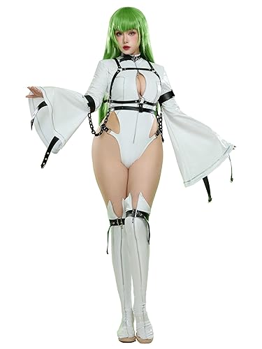 Mobbunny Women Anime Cosplay Costume Sexy Bodysuit Halloween Cutout Strap Jumpsuit With Stocking and Arm Ring - Small - White