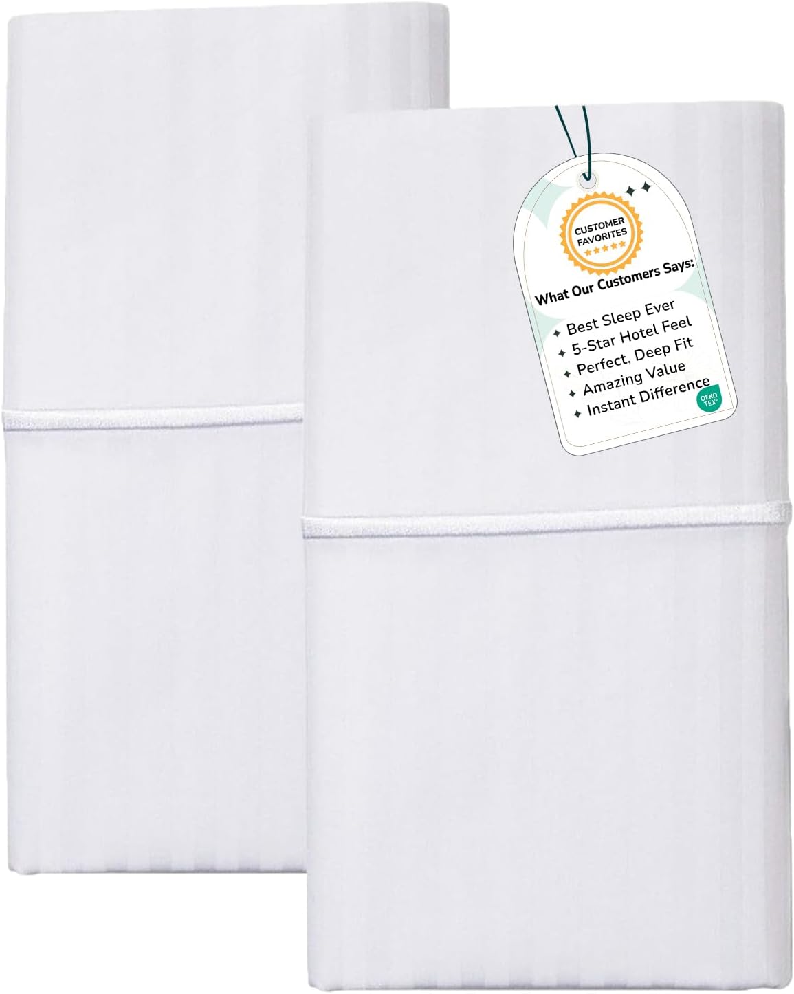 Feather & Stitch 100% Cotton King Pillow Covers Set of 2, 500TC Envelope Closure Pillowcases, Soft Luxury Damask Stripe Sateen Weave Pillow Case for Sleeping, 20x40 Inches - White