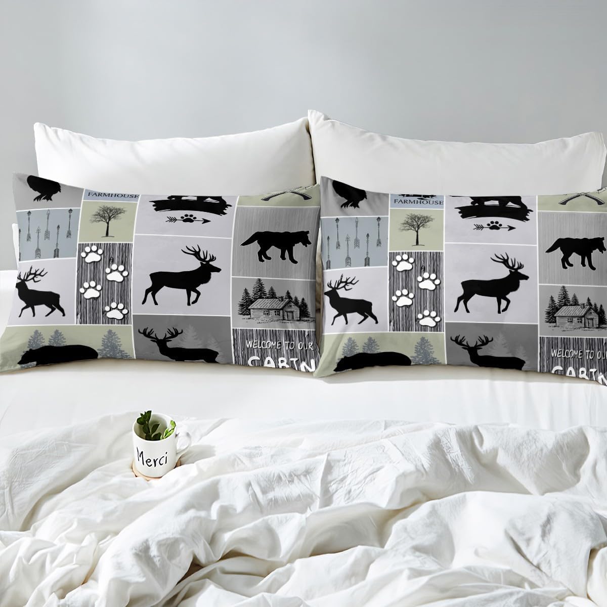 Feelyou Black Bear Deer Duvet Cover Queen Size Rustic Cabin Comforter Cover Wolves Howling Bedding Set Wild Animal Bedspread Cover for Kids Boys Girls Adults with 2 Pillow Case