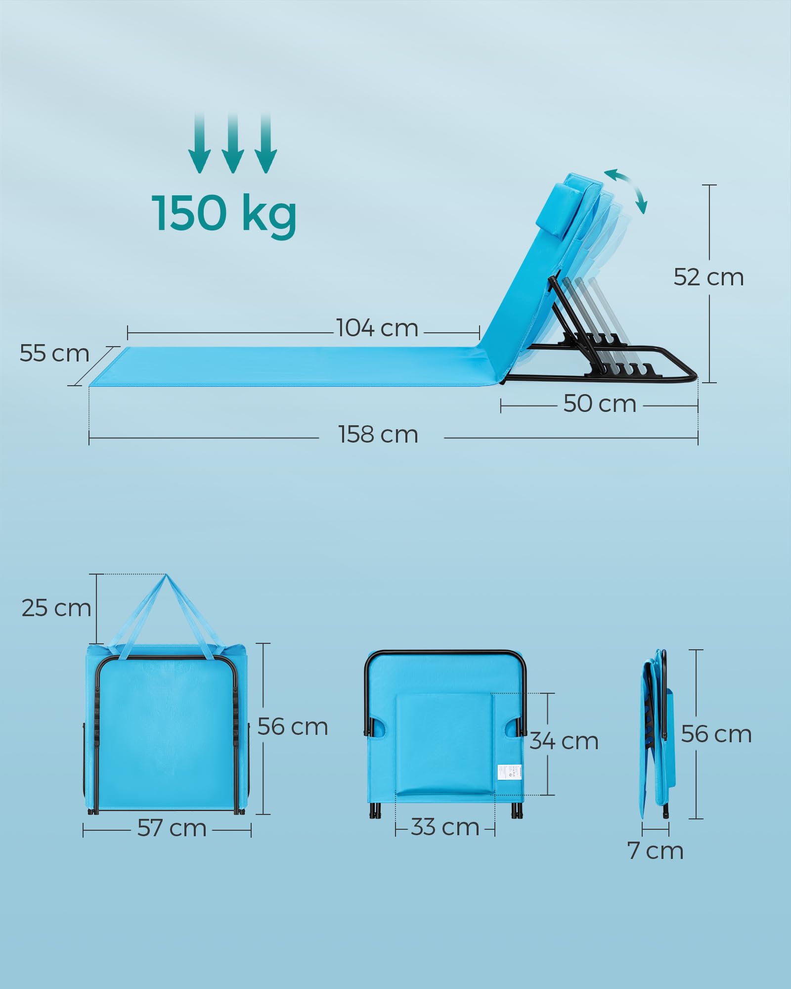 SONGMICS Zestaw 2 krzeseł plażowych Krzesło kempingowe Leżak plażowy Składane regulowane oparcie Lekki przenośny z uchwytem do basenu ogrodowego na kempingu 158 x 55 cm Błękitny GCB251Q01