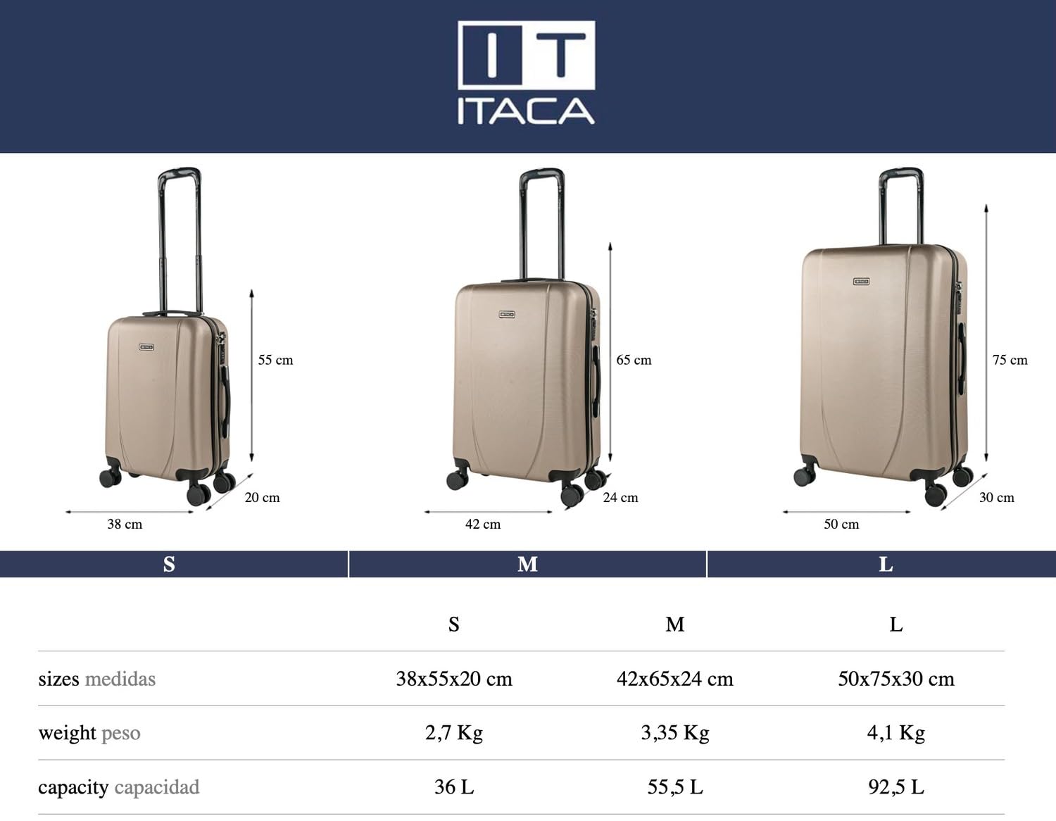 ITACA - Zestaw 2 sztywnych walizek podróżnych 55/65 cm 4 Koła ABS. Odporne i lekkie. Górna i bocznaRęki Zintegrowane blokady szyfrowe. Mała kabina zatwierdzona i średnia. 71115, Szampana