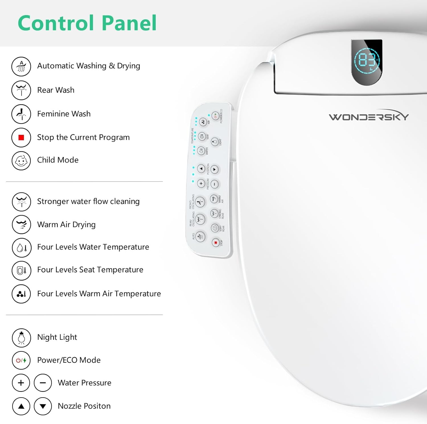 round bidet toilet seat, smart heated toilet seat with warm water and dryer, soft close bidet seat with adjustable temperature, stainless steel nozzle