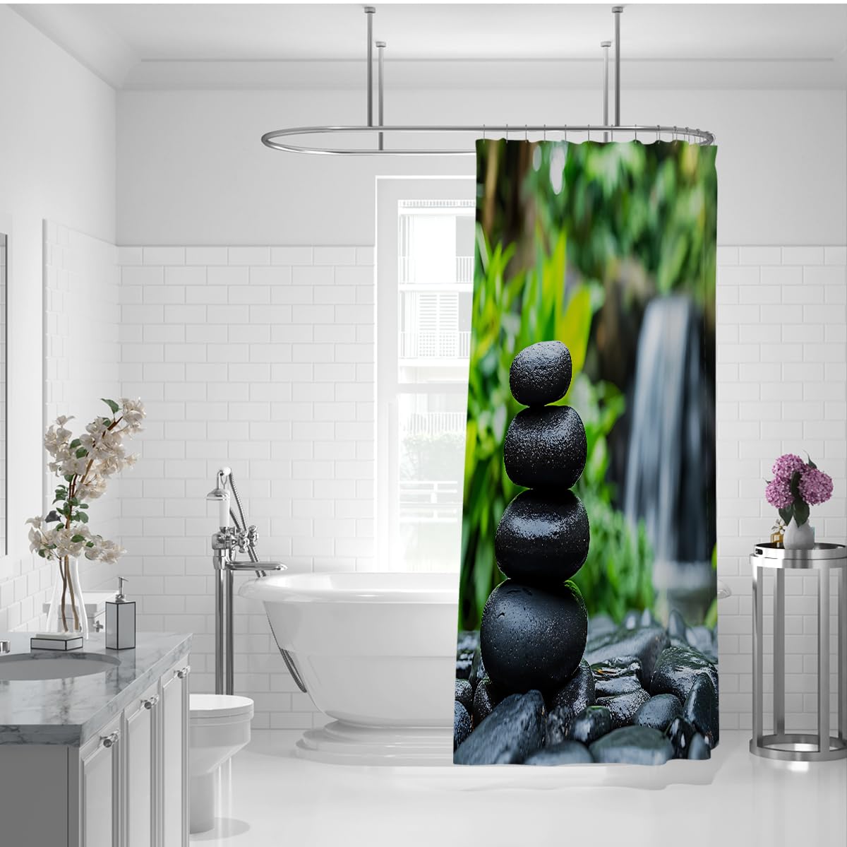 Serene Forest Garden Badevorhang Balanced Stones and Cascading Stream Duschvorhang Moderner minimalistischer Badezimmer-Easy Care Stoff 180 x 180 cm