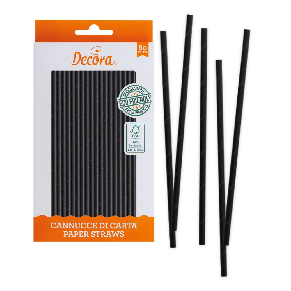 Decora Confezione da 80 Cannucce Nero Ø 6 X 210 mm, in carta biodegradabile, con inchiostro ad acqua, per dare colore ai tuoi party
