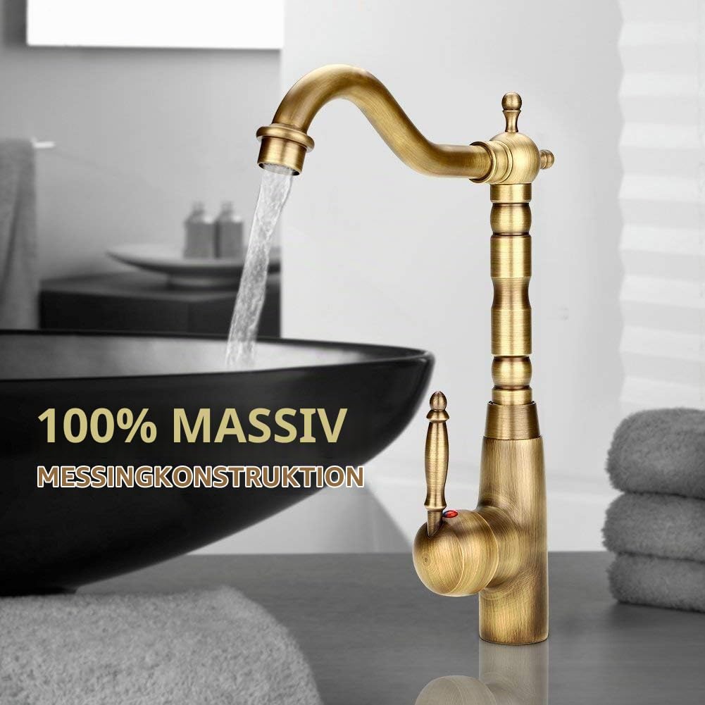 Antiker Messing Wasserhahn, Einloch-Mischbatterie mit Einem Griff, Gelbbronze, 30x23cm, für Küche und Badezimmer, mit Wasserschläuchen
