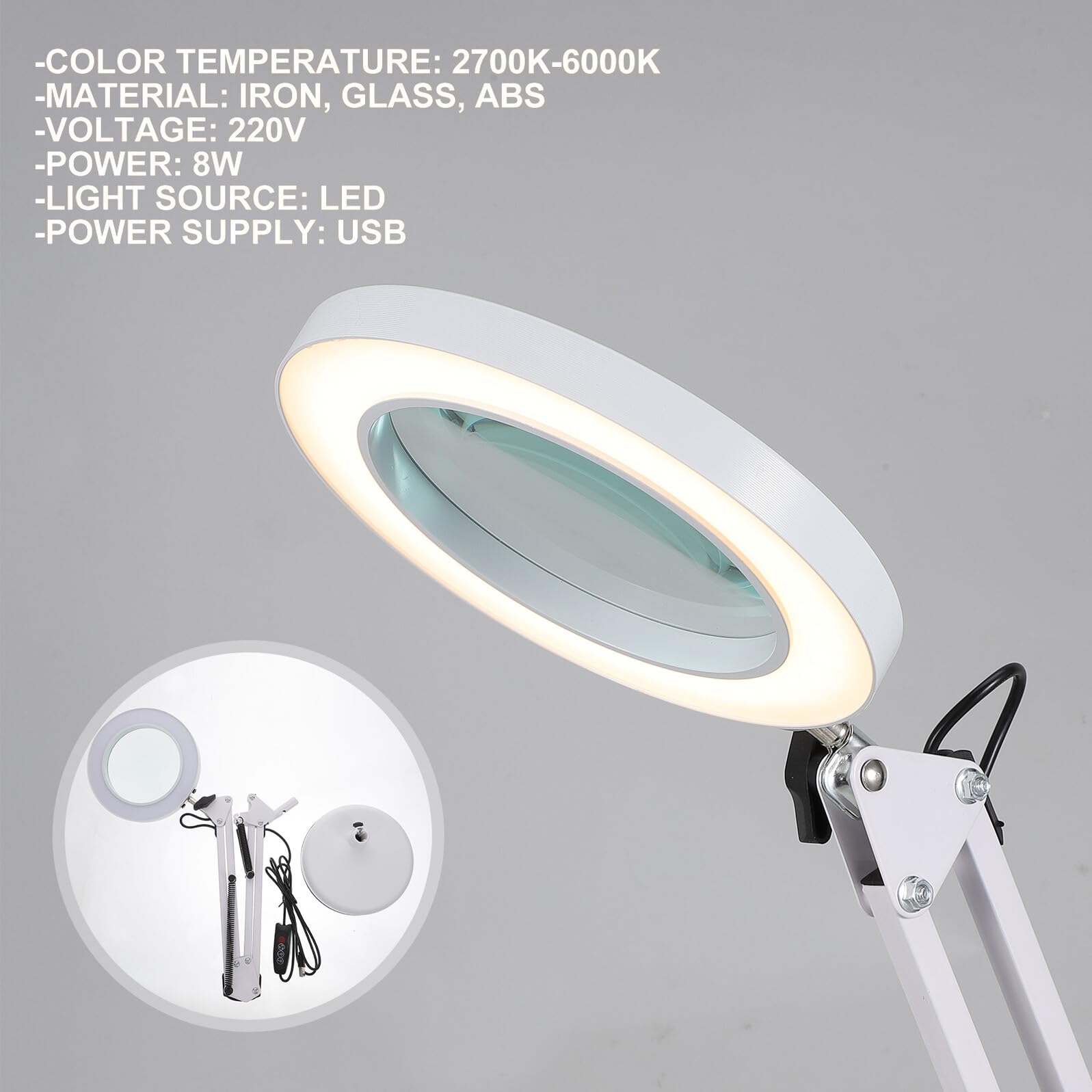 COHEALI Lampada Lente di Ingrandimento 5x LED Pieghevole Braccio Regolabile a 3 Snodi e Supporto a Morsetto in Ferro e Vetro per Lettura e Lavori di Precisione