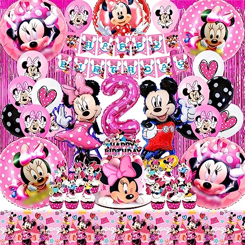 Decoração de aniversário minni menina 2 anos, balões Minni Micke Mouse 3D, decoração minni aniversário conjunto com decoração de bolo de Minni, Micke Minni toalha de mesa, rosa decoração de festa