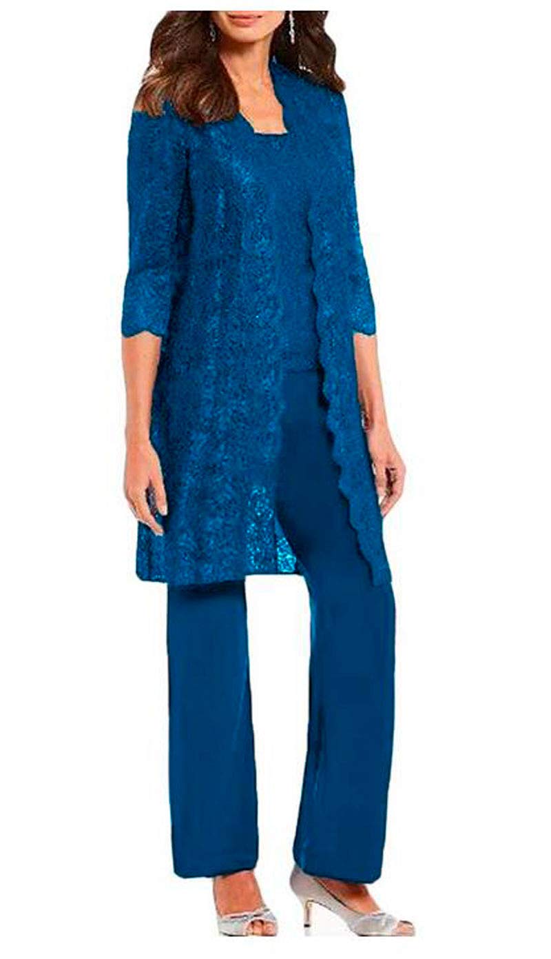 Botong Women's Blue 3 Pc Mother Of The Bride Pants Suit For Wedding Long Lace Jacket Chiffon Outfits For Prom Evening Uk14