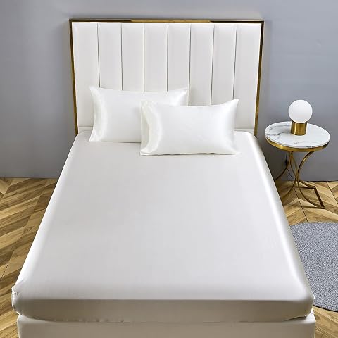 Boqingzhu Satin Spannbettlaken 90x200cm Weiß Uni Seide Spannbetttuch Microfaser Bettlaken für bis 30cm Matraze
