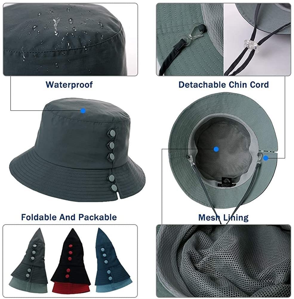 RWRAPS Sonnenhut Damen Bucket Sun Hat Wasserdichter Regenhut Breite Krempe Wandern Wanderhut mit Kinnriemen Verstellbarer Strandhut (Color: 00731-Black) (00731A Yellow A)
