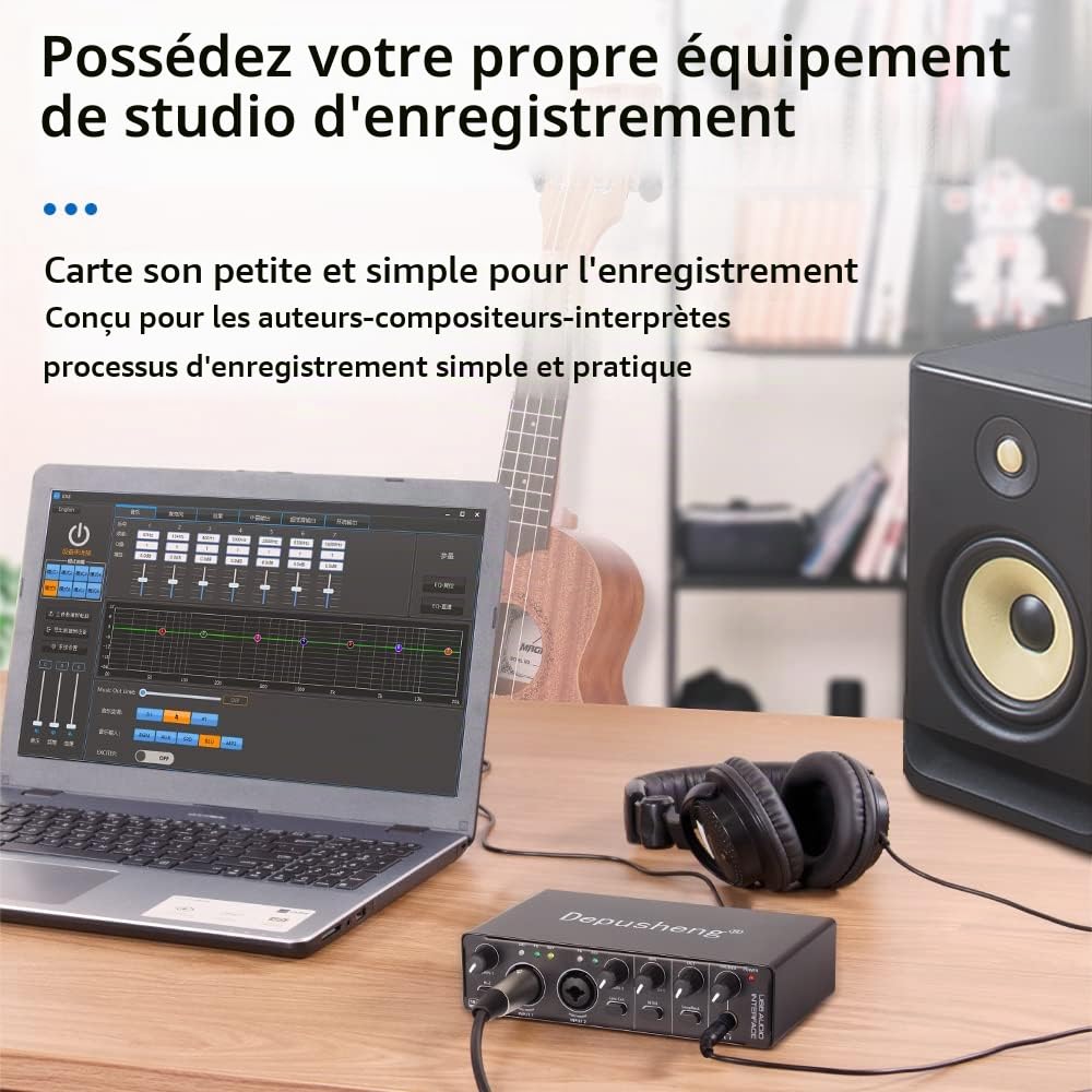 Depusheng RX2 USB interface audio ordinateur enregistrement carte son mélangeur audio, interface audio pour home studio, peut connecter un microphone à condensateur 48V, enregistrement de guitare