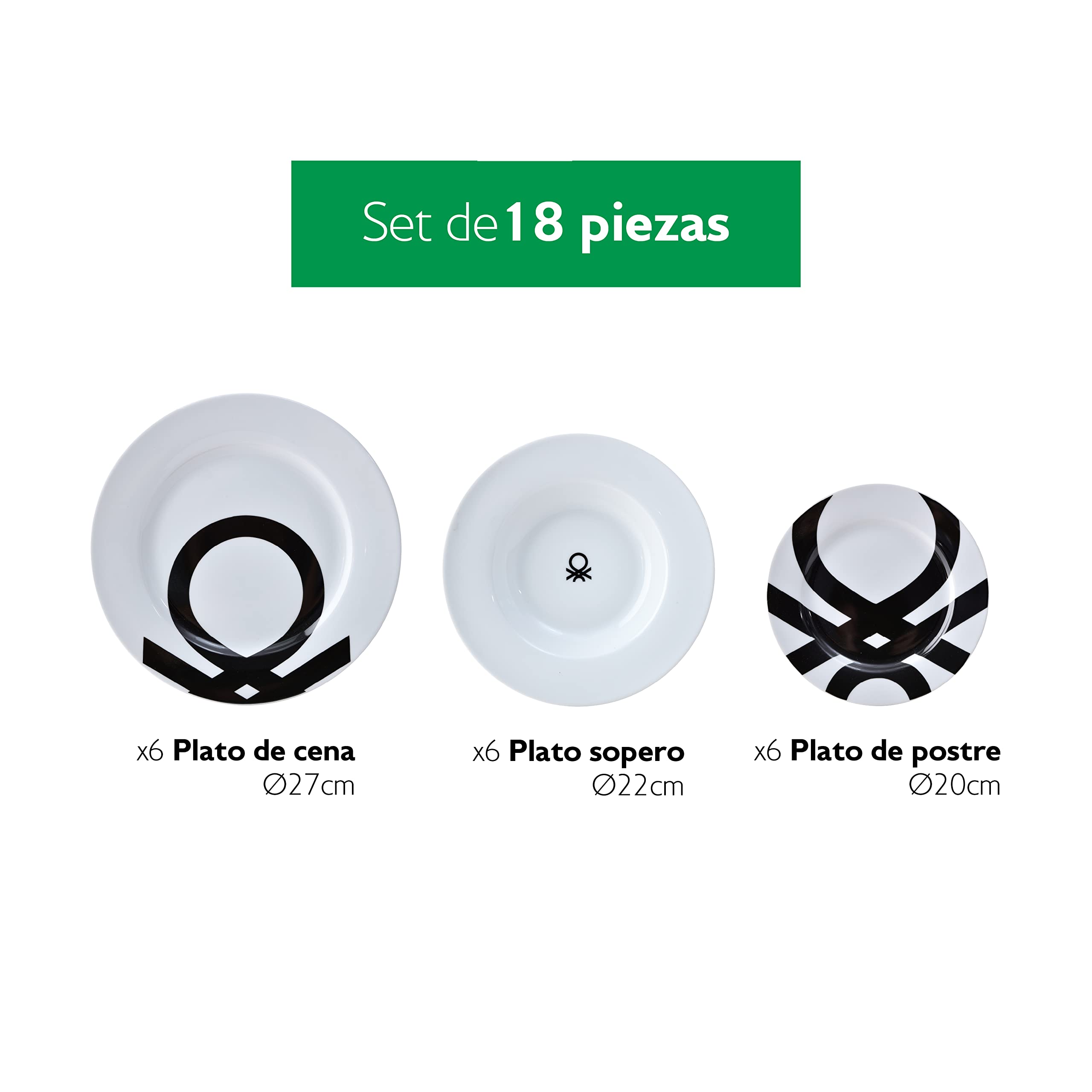 UNITED COLORS OF BENETTON. BE107 Set 18pcs vajilla Porcelana diseño Logo Estampado Negro Casa Benetton
