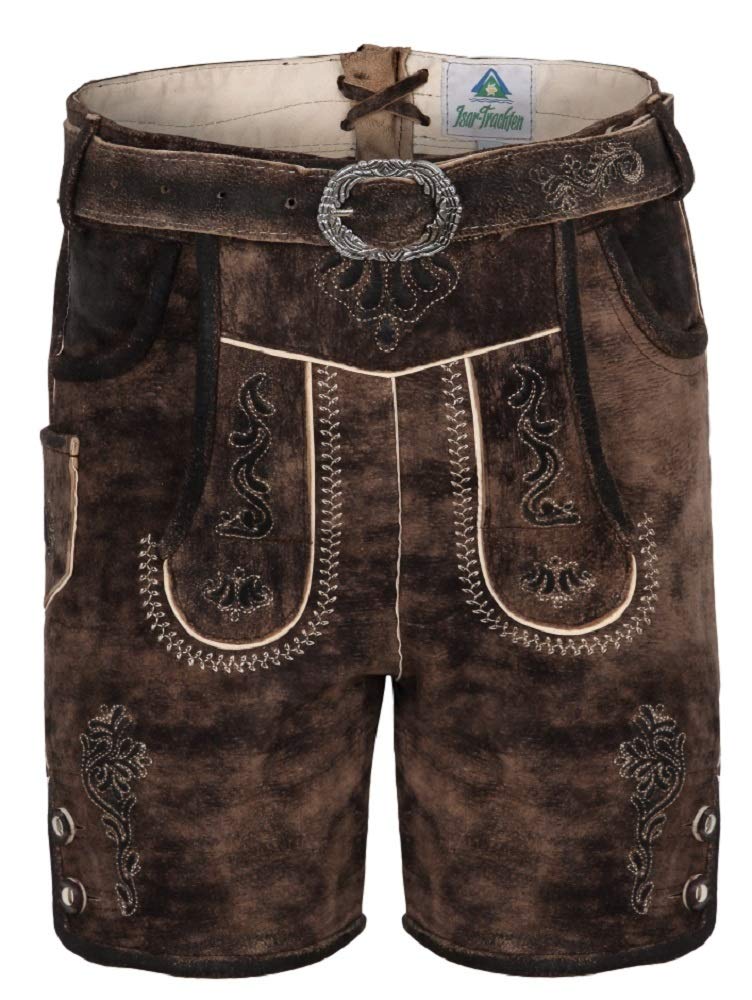 Isar-Trachten Kurze Kinder Lederhose Noah mit Gürtel - Schiefer Braun Gr. 98