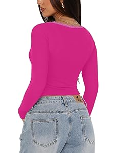 REORIA Sexy Lace Long Sleeve Shirts for Women V Neck Slim Fitted Y2K Trendy Fall Going Out Tops Clothing