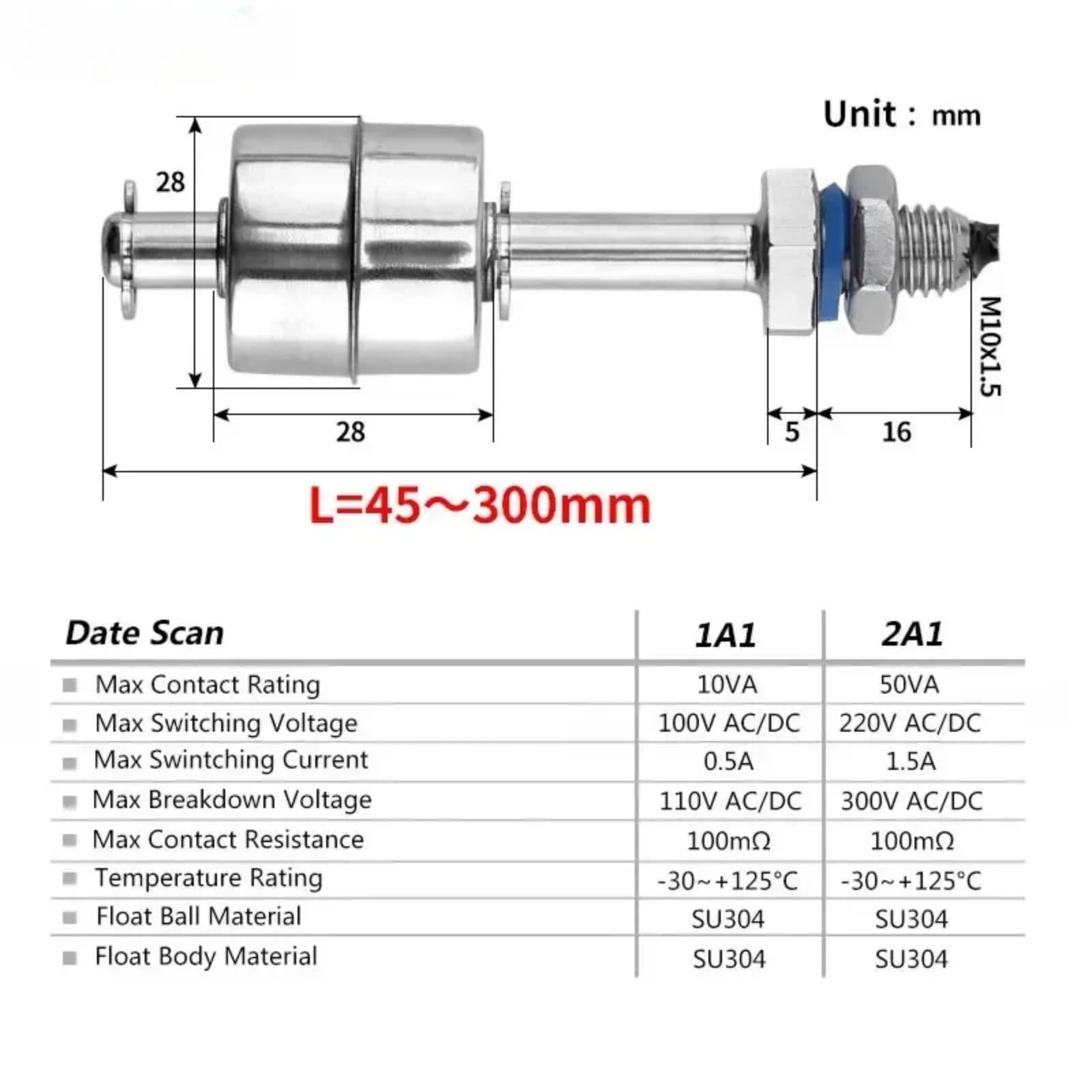 Pływający przełącznik kulowy NO/NC Czujnik przepływu 1A1 2A1 (długość bieguna 75mm 220V 2A1)