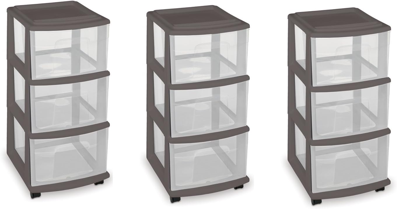 HOMZ 3 Drawer Medium Storage Cart, 12.5" x 24" x 14.25", Cool Gray, 3-Pack, Set of 3, Grey