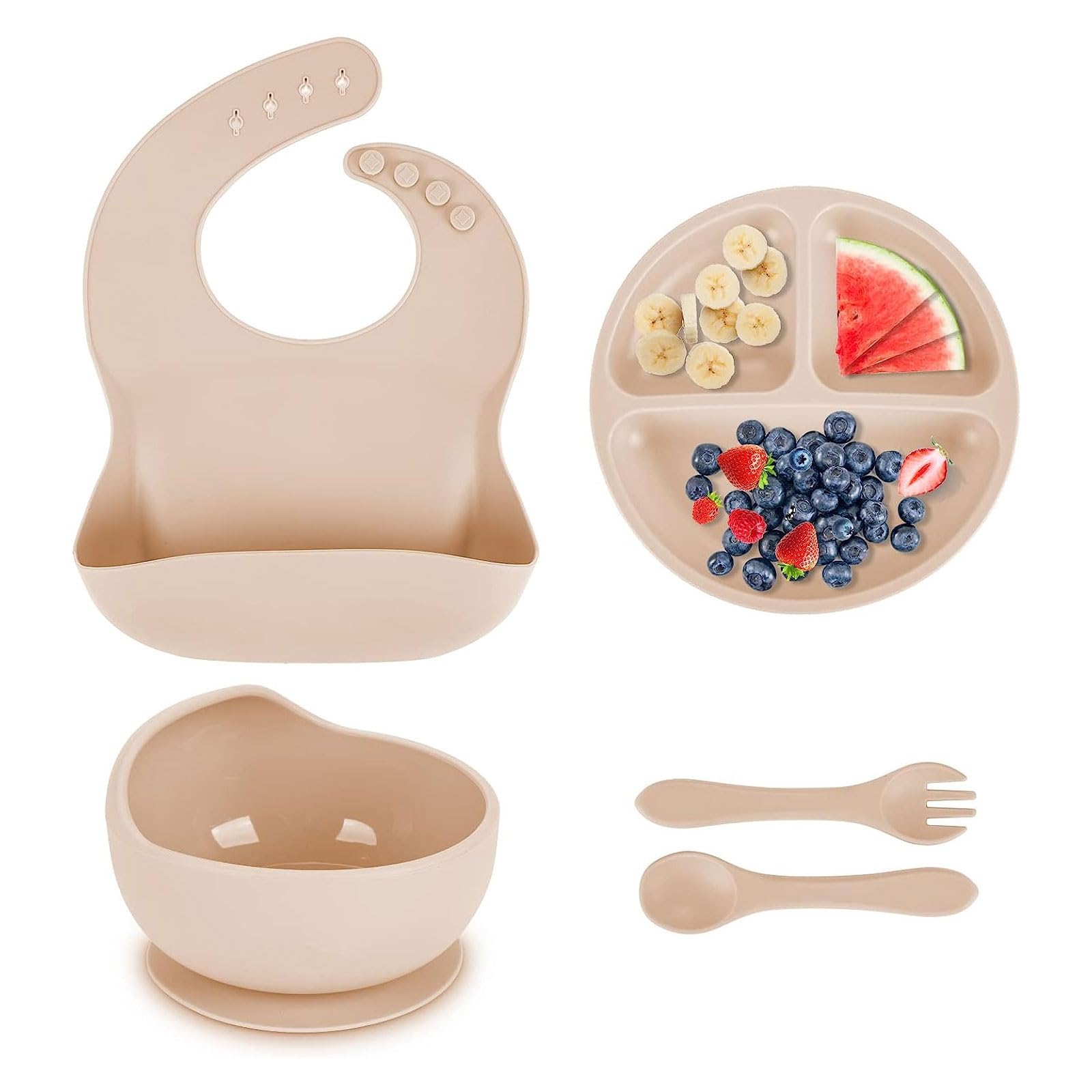 LinJie Baby Feeding Set,Baby Weaning Set,Baby Tableware Set, Suction Bowl,Divided Plate,Spoon and Fork,adjustable bib Food Grade Silicone Material