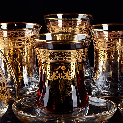 Gold Turkish Tea Glasses Cups Set Of 6 And Saucers Teacups For Party Adults Drinking Arabic Moroccan Fancy Decorative Serving Teapots Tray Kitchen Women Style Gift Persian Coffee Luxury Vintage #TOP5