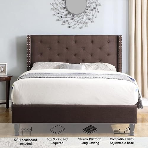 Miniatura 28 de Base de cama de plataforma tapizada completa con cabecero de 51 pulgadas de alto, cama de tela copetuda con botones, soporte de listones de madera