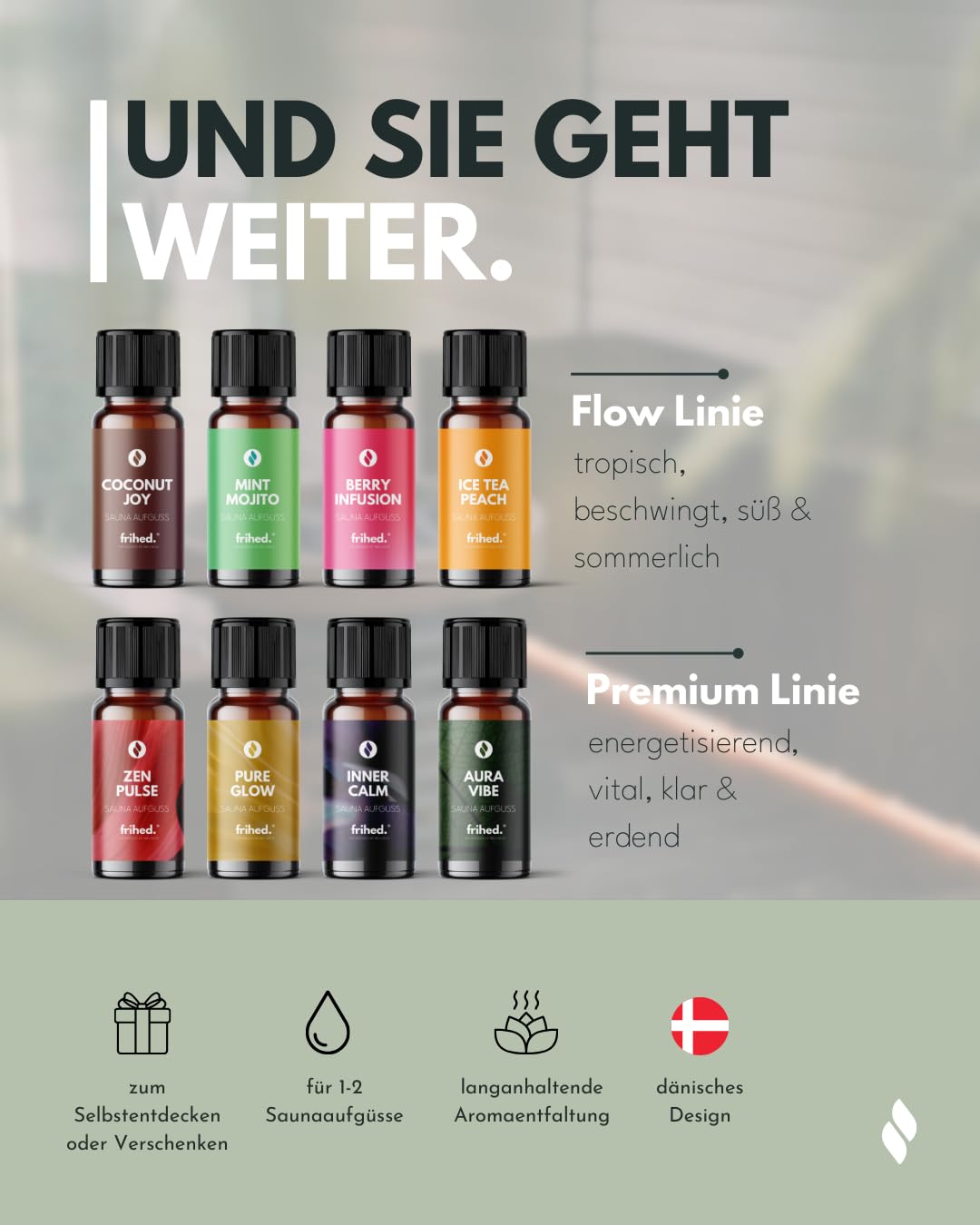 frihed.® Saunaaufguss Duftreise Probierpaket - Hochkonzentrierte Öle - 16x verschiedene Düfte - Geschenkset Sauna - 10ml Glasflaschen - Made in Lüneburg