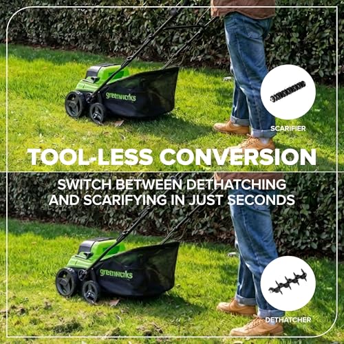 Image of Greenworks 48V (24V x 2) 15 inch Cordless Lawn Scarifier & Dethatcher, Includes (2) 4.0Ah Batteries & 65W Charger, Adjustable Depth Lawn Groomer, Yard Thatch Grass Remover for Backyard, Garden Care