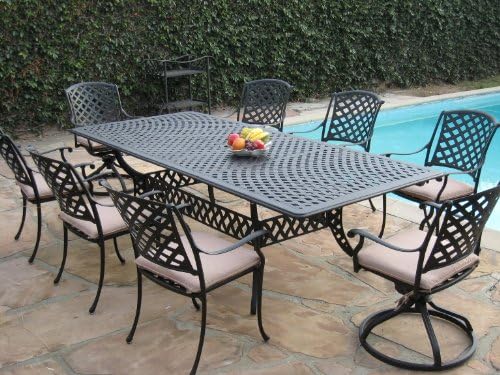 CBM Patio Cast Aluminum 9 Piece Extension Dining Table Set with 2 Swivel Rockers and 6 Arm Chairs KL09KLSS260112T