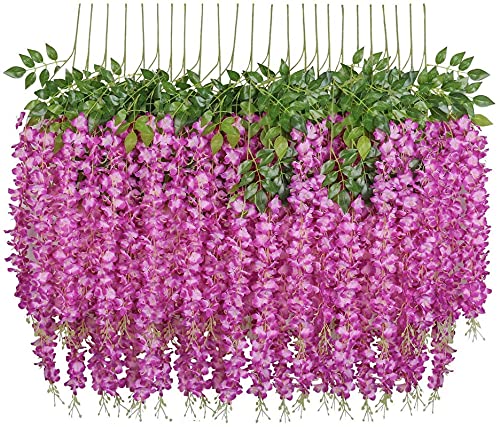 Image of Artificial Hanging Wisteria Flower Vine, Dark Purple - Pack of 6